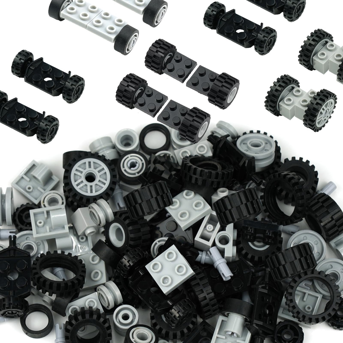 Pasacho wheels set enables easy rolling builds for kids' car projects.