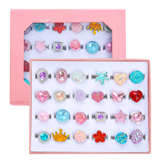PASEMM 24-piece little girl jewel rings in a gift box, ideal for pretend play.
