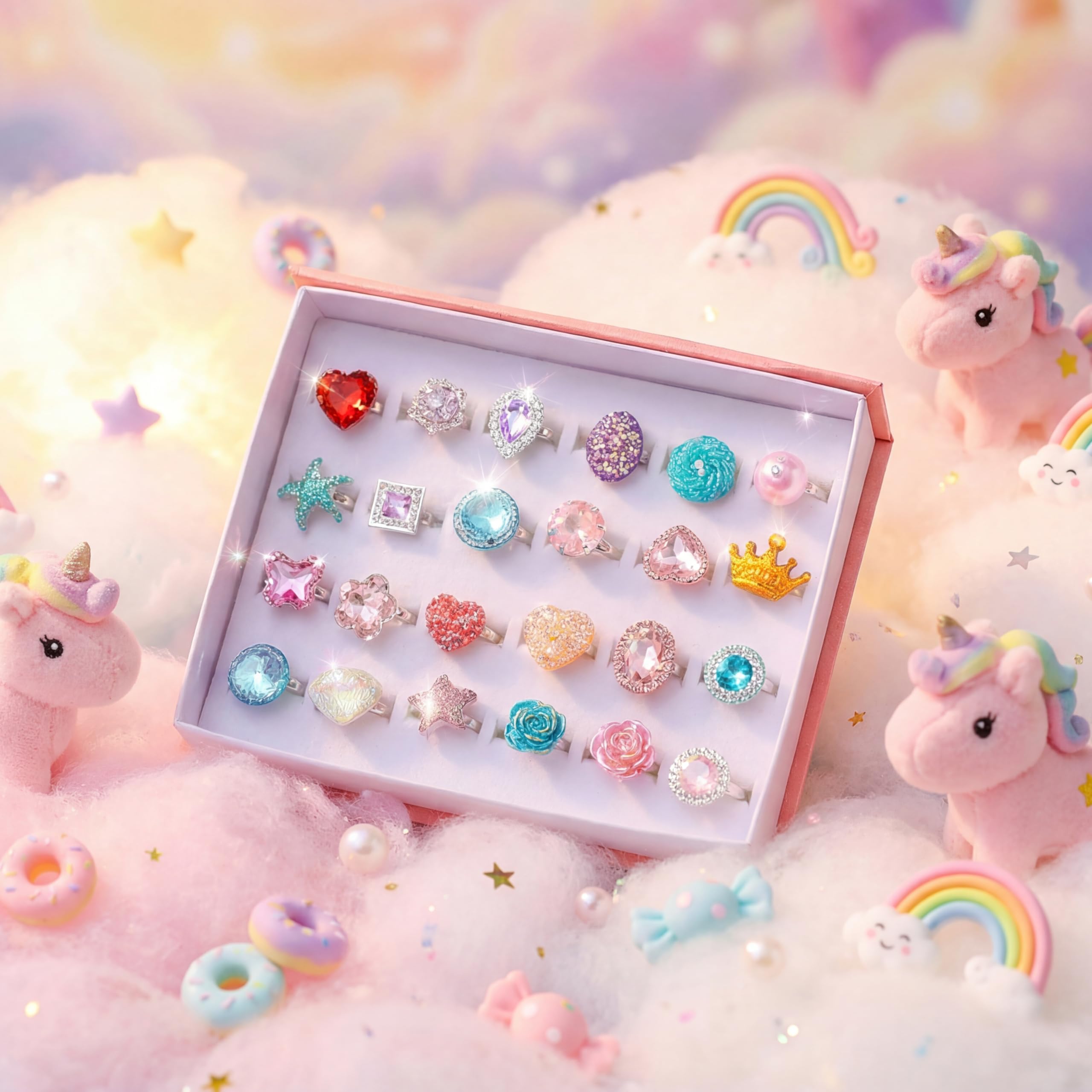 PASEMM colorful ring designs featuring starfish, diamonds, and crowns for imaginative play.