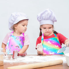 PASHOP Rainbow Unicorn Kids Apron in use during cooking and painting