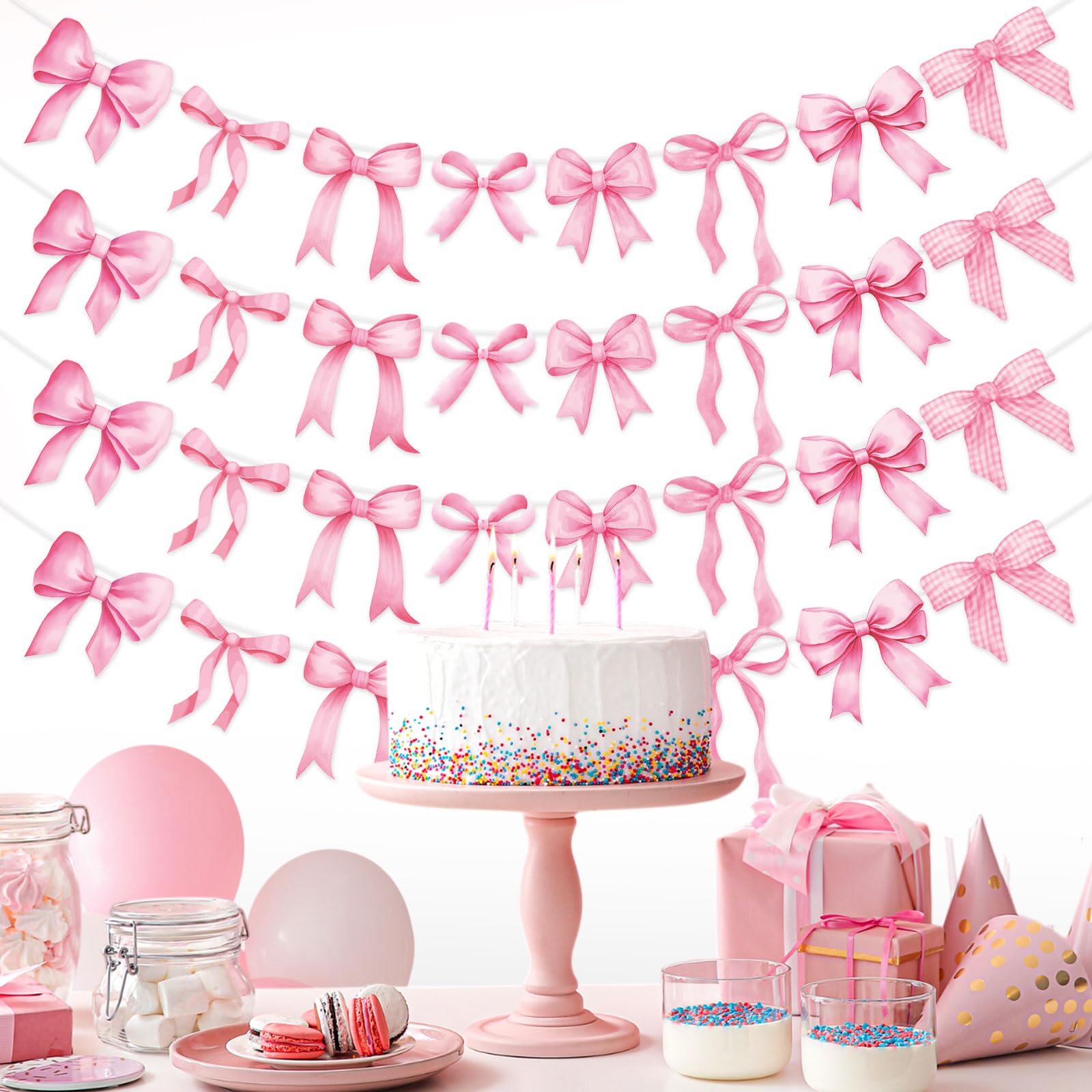 Pasimy pink bow garland banners feature vivid coquette patterns for romantic ambience
