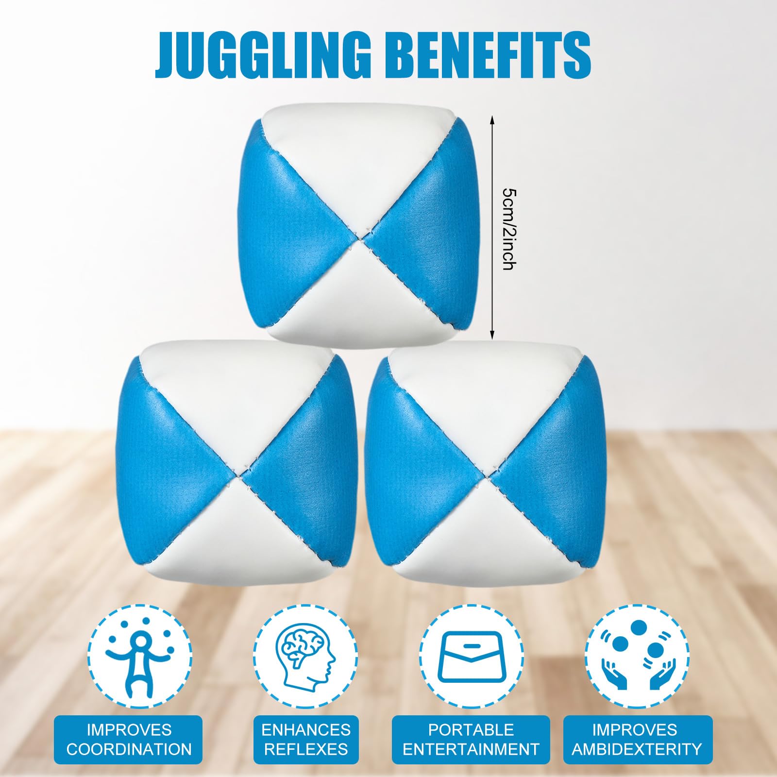 Patelai white-blue juggling ball set, 5x5 cm, lightweight and durable for practice