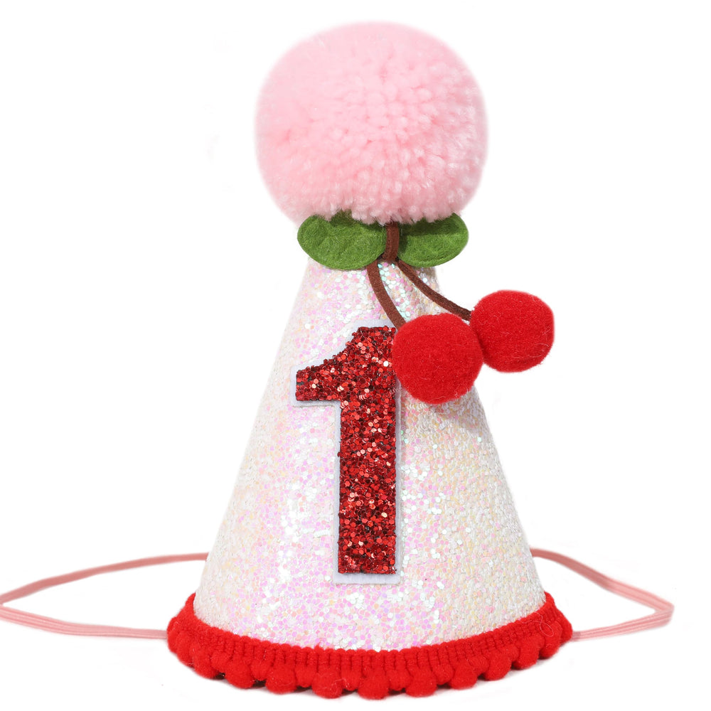 PATRDIO Cherry 1st Birthday Hat, pink glitter finish, for photos.