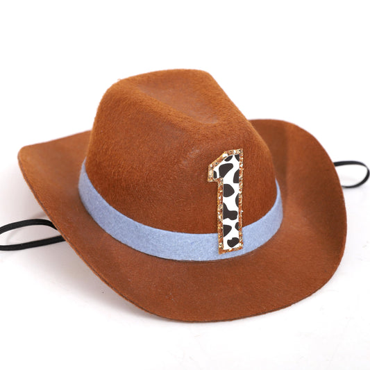 PATRDIO Cowboy 1st Birthday Hat blue front view, perfect photo prop for celebrations.