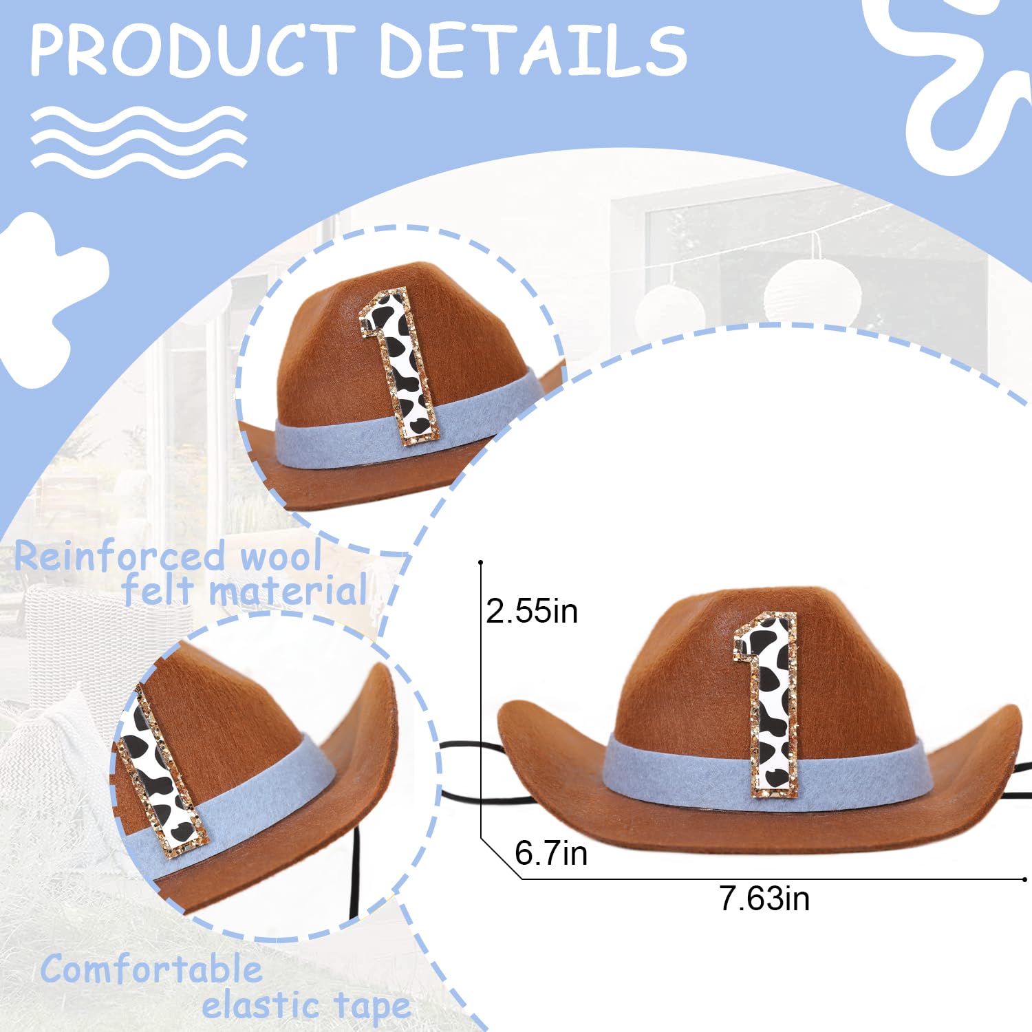 PATRDIO Cowboy 1st Birthday Hat blue side view on baby, playful western style.