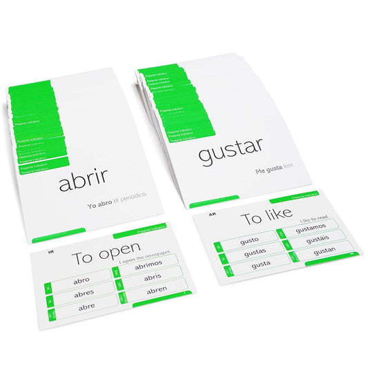 Pat's Flash Cards back view shows translations and conjugation details.