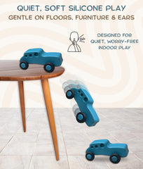 Pattern Frenzi quiet play silicone cars reduce noise for calm rooms.