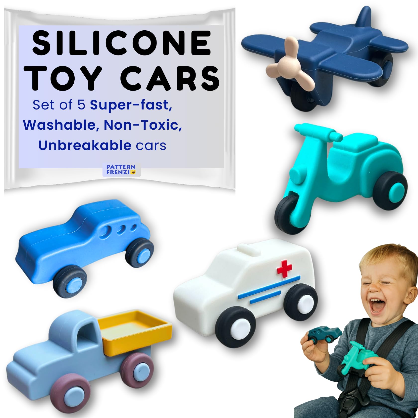 Pattern Frenzi soft silicone car front view highlights safe rounded edges for little hands.