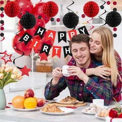 PATYDECRO black red circle garland creates cohesive party style.