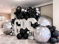 PATYDECRO black-silver balloons backdrop idea for graduation, wedding, or birthday celebrations