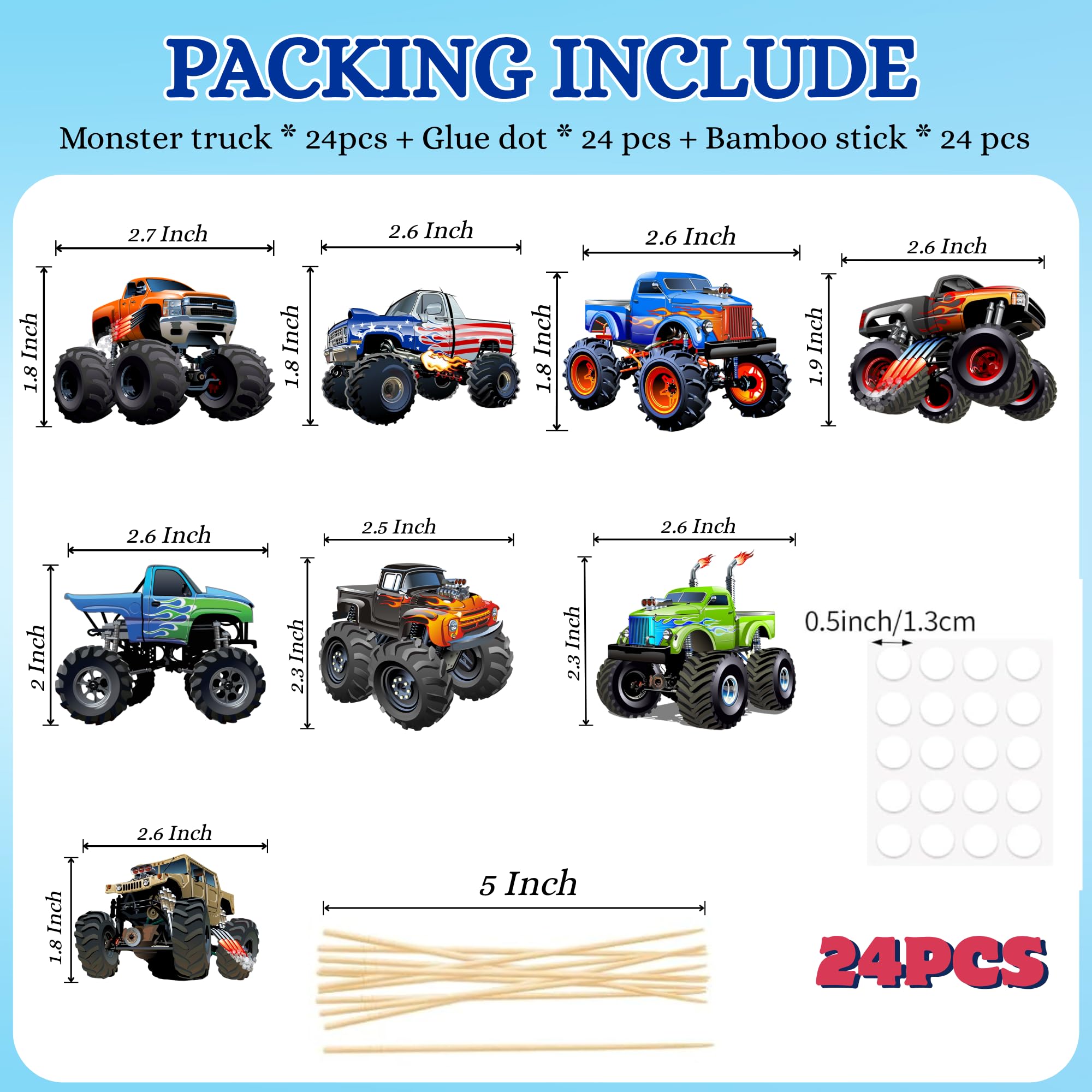 PAVATUTAT monster truck toppers on sticks for quick, clean cupcake decorating