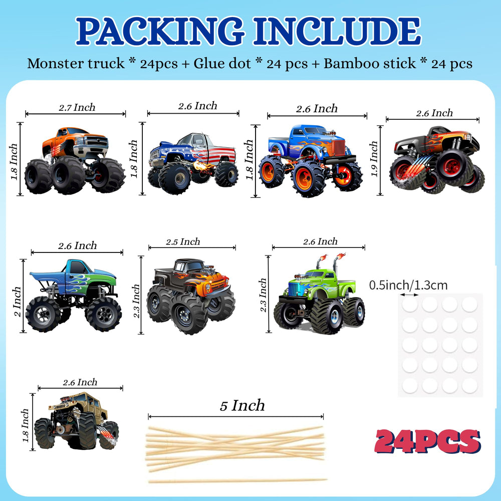 PAVATUTAT monster truck toppers on sticks for quick, clean cupcake decorating