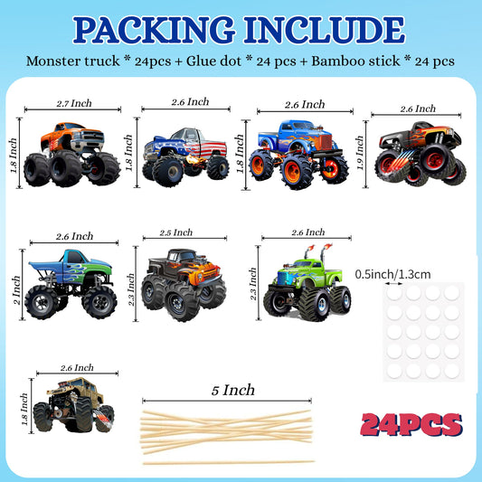PAVATUTAT monster truck toppers on sticks for quick, clean cupcake decorating