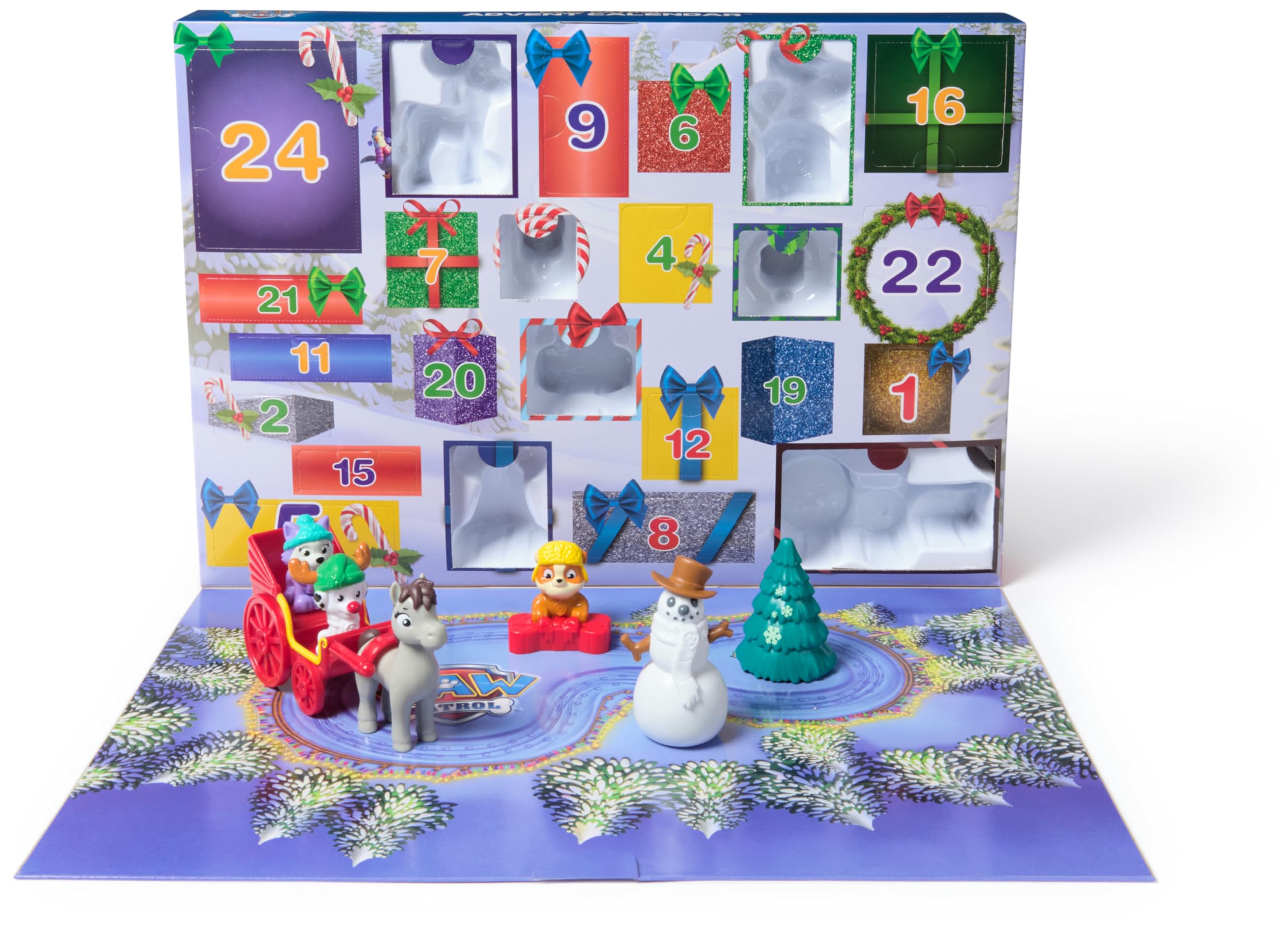 Paw Patrol Advent Calendar front view with 24 surprises for holiday countdown play.