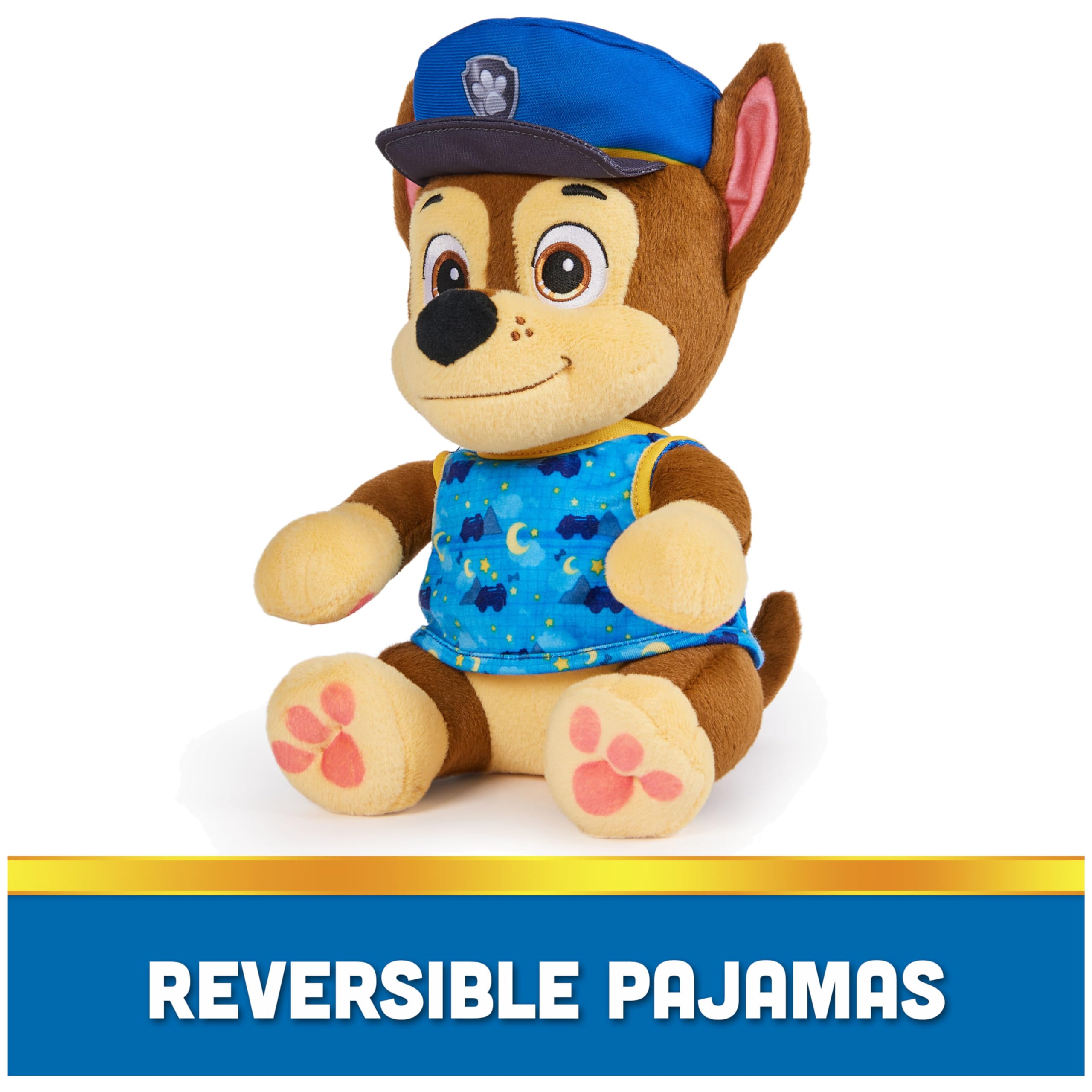 PAW Patrol Bedtime Plush Chase reversible outfit feature for day vs night adventures.