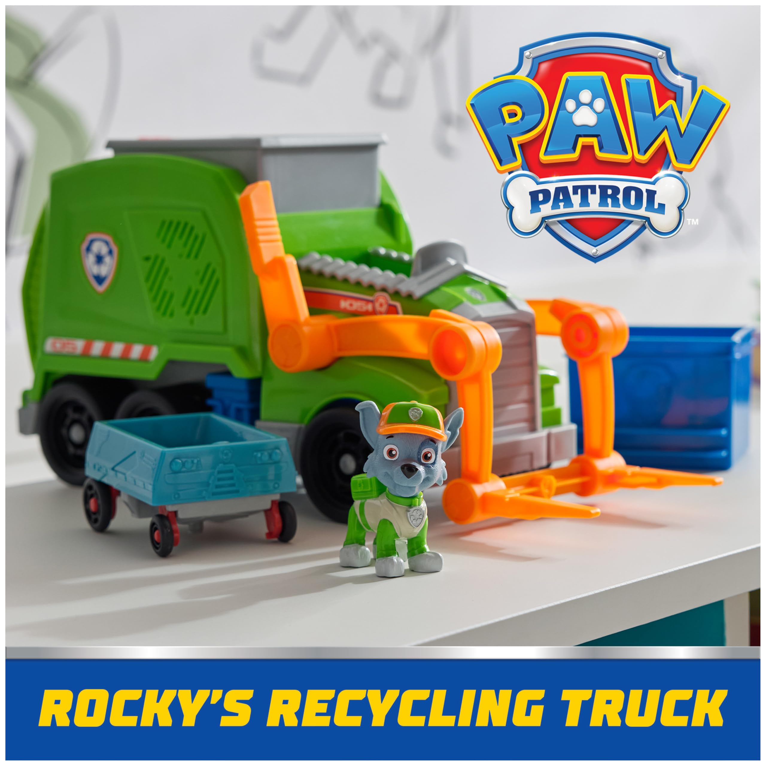 Paw Patrol recycling truck with bin ready for pretend loading and sorting.