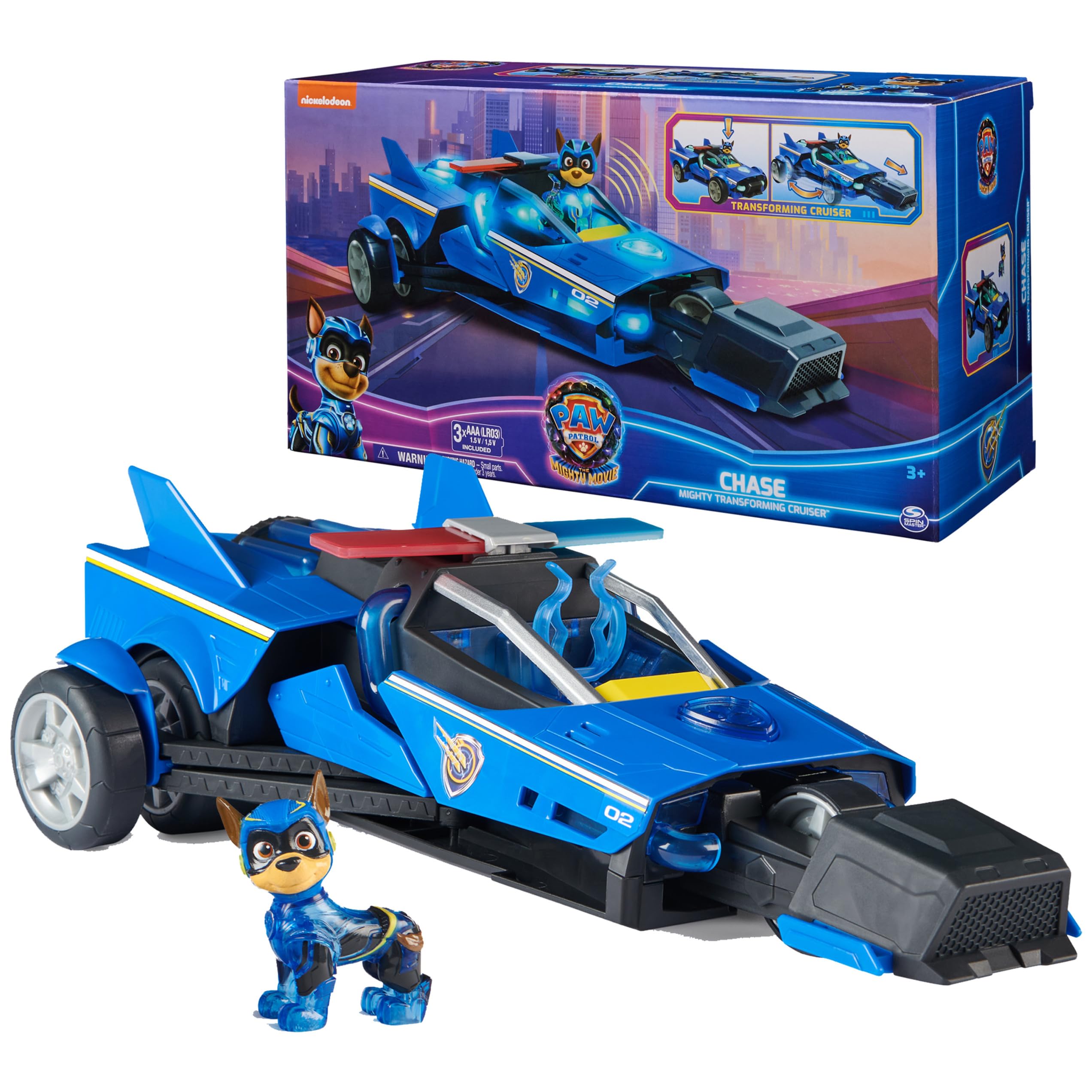 PAW Patrol Chase Mighty Transforming Cruiser lights up with synchronized sounds for action play.