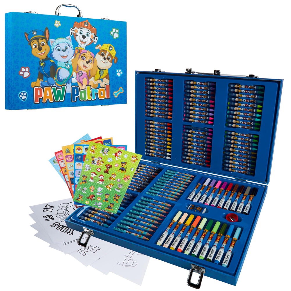 Paw Patrol travel case with colorful pencils opens to spark kids' creative drawing sessions.
