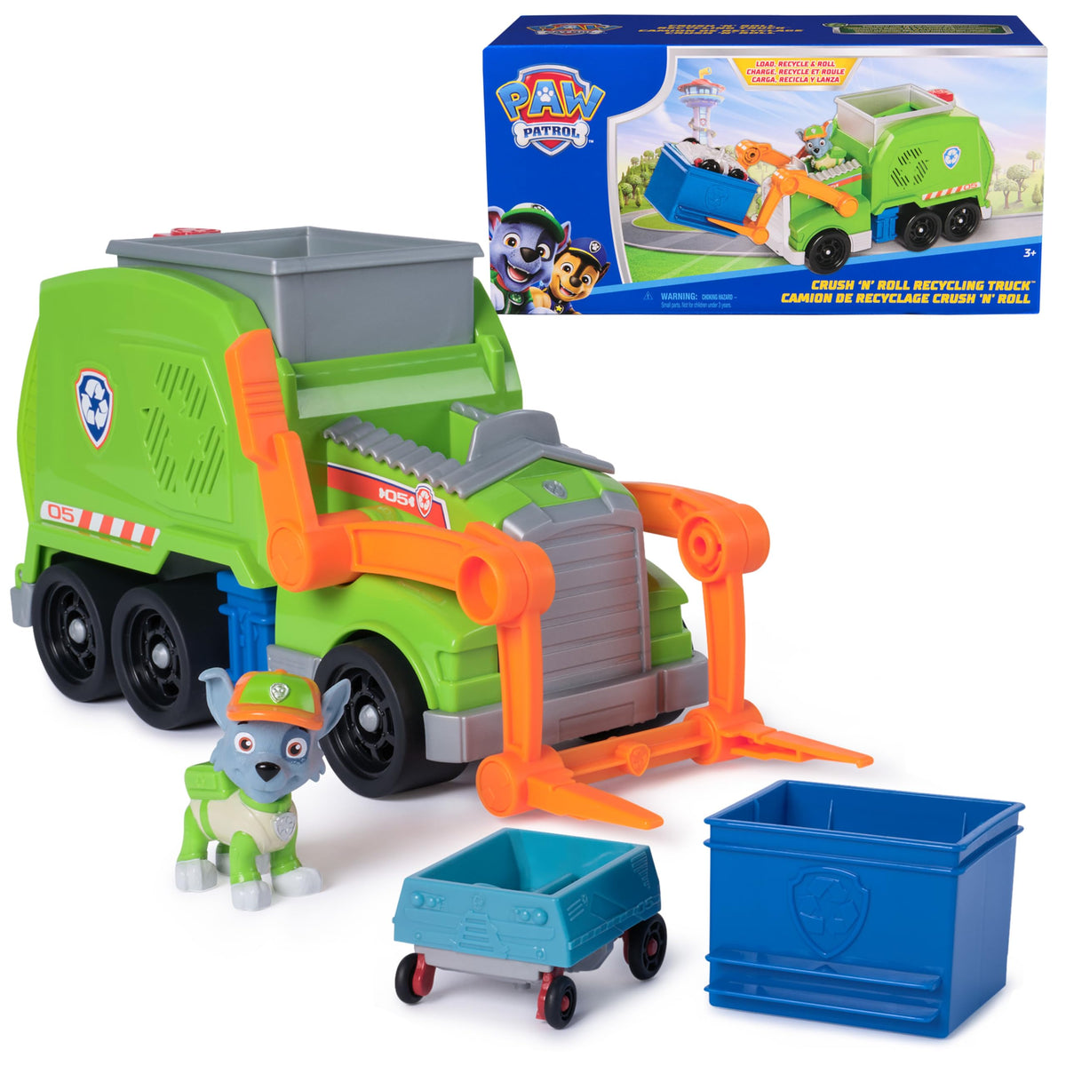 Paw Patrol Rocky figure with Crush N’ Roll Recycling Truck for imaginative play.