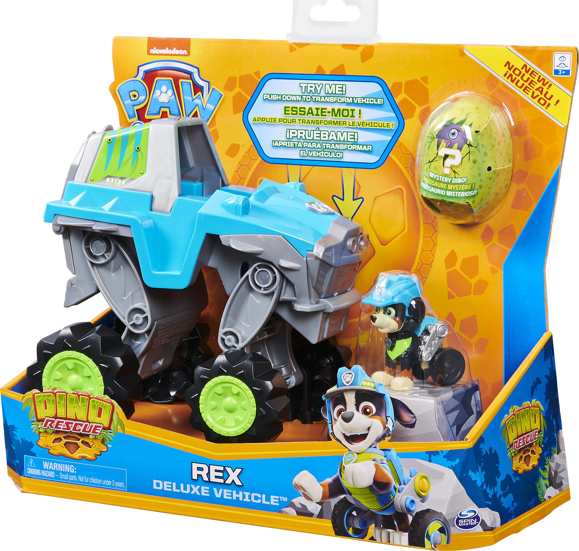 Paw Patrol Rex transforming vehicle ready for immediate play without batteries.