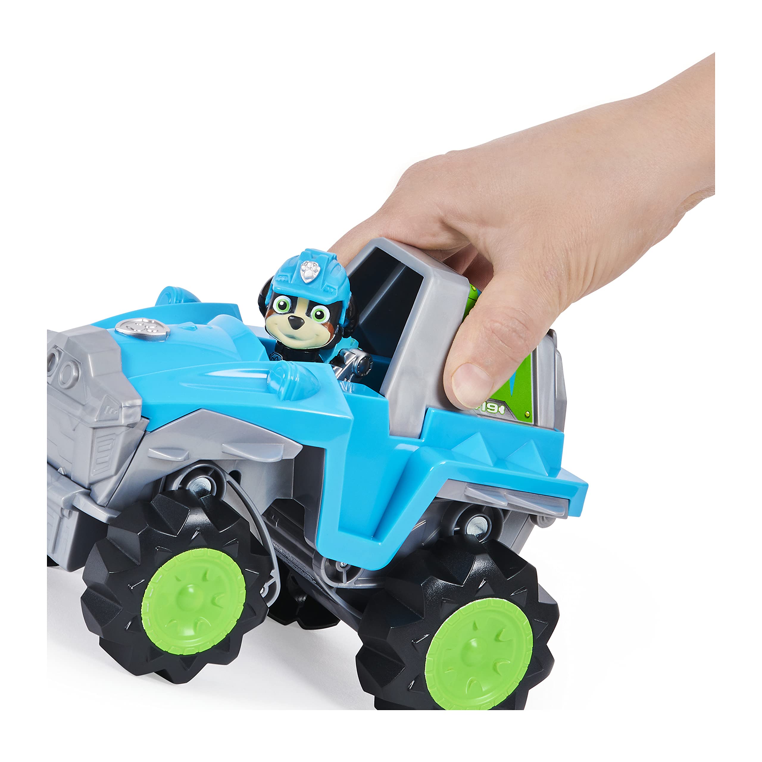 Paw Patrol Dino Rescue vehicle ramp activates for dramatic dinosaur encounters.