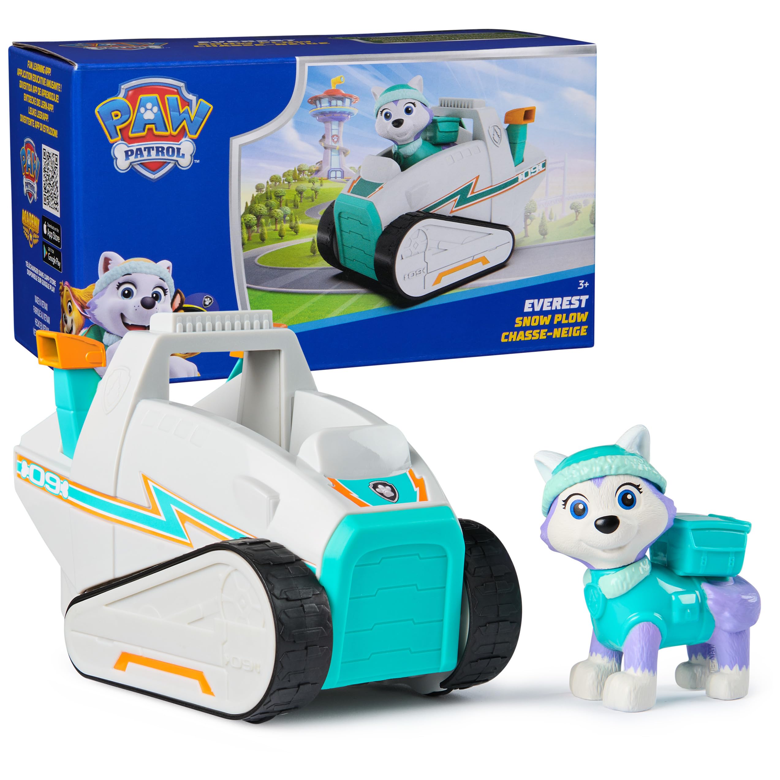 Paw Patrol Everest snow plow vehicle featuring a collectible Everest figure for imaginative rescue play
