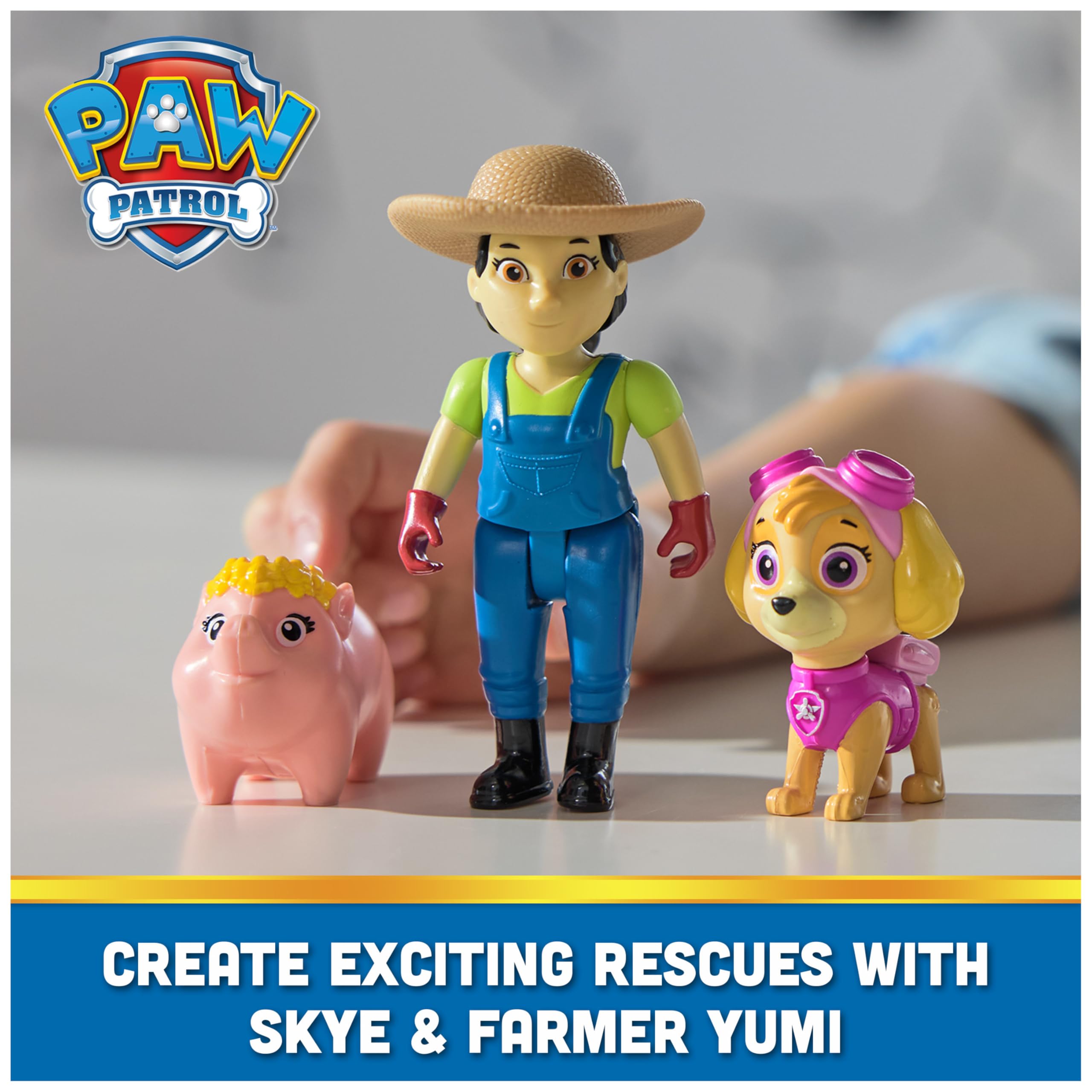 Paw Patrol Farmer Yumi figure close-up supports pretend farming adventures.