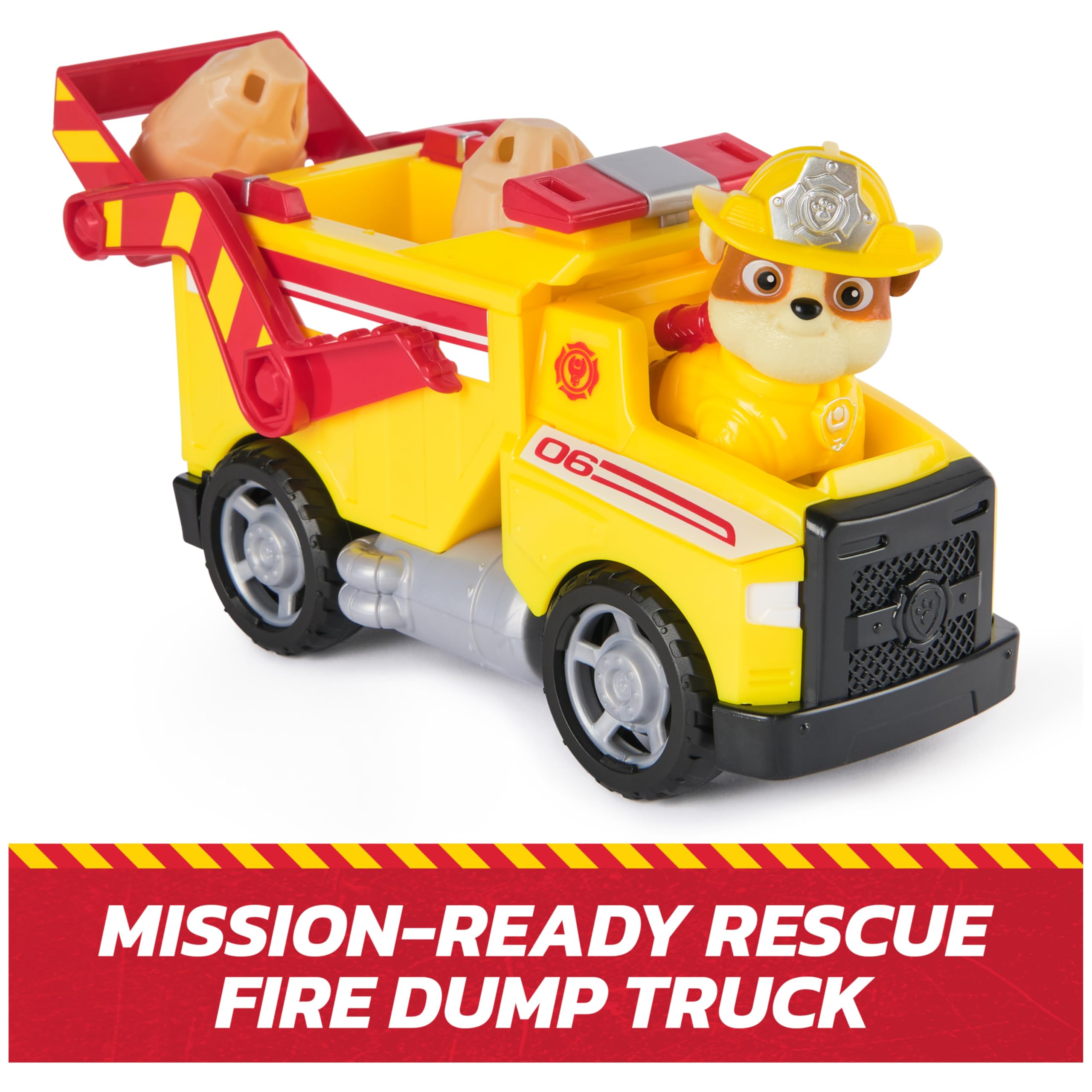 Paw Patrol Rubble with dump truck in action-ready pose for adventures