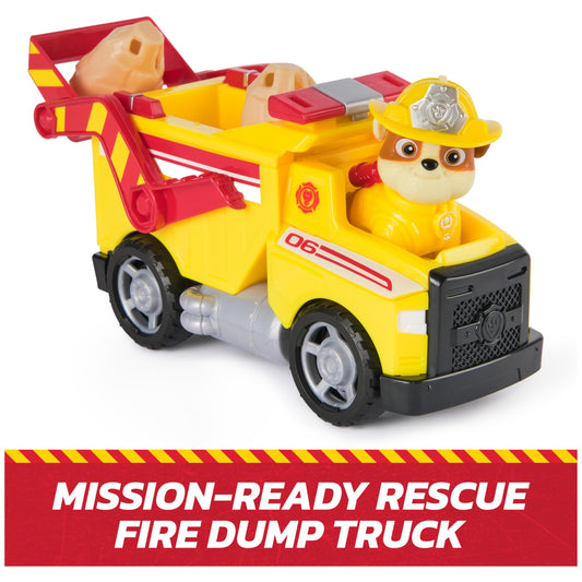 Paw Patrol Rubble with dump truck in action-ready pose for adventures