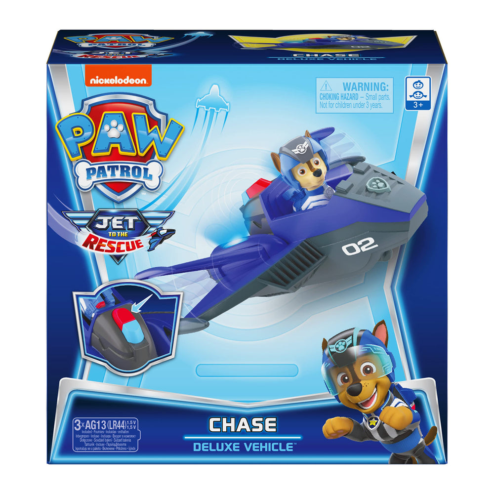 Chase figure in blue flight suit joins the transforming jet for rescue missions.