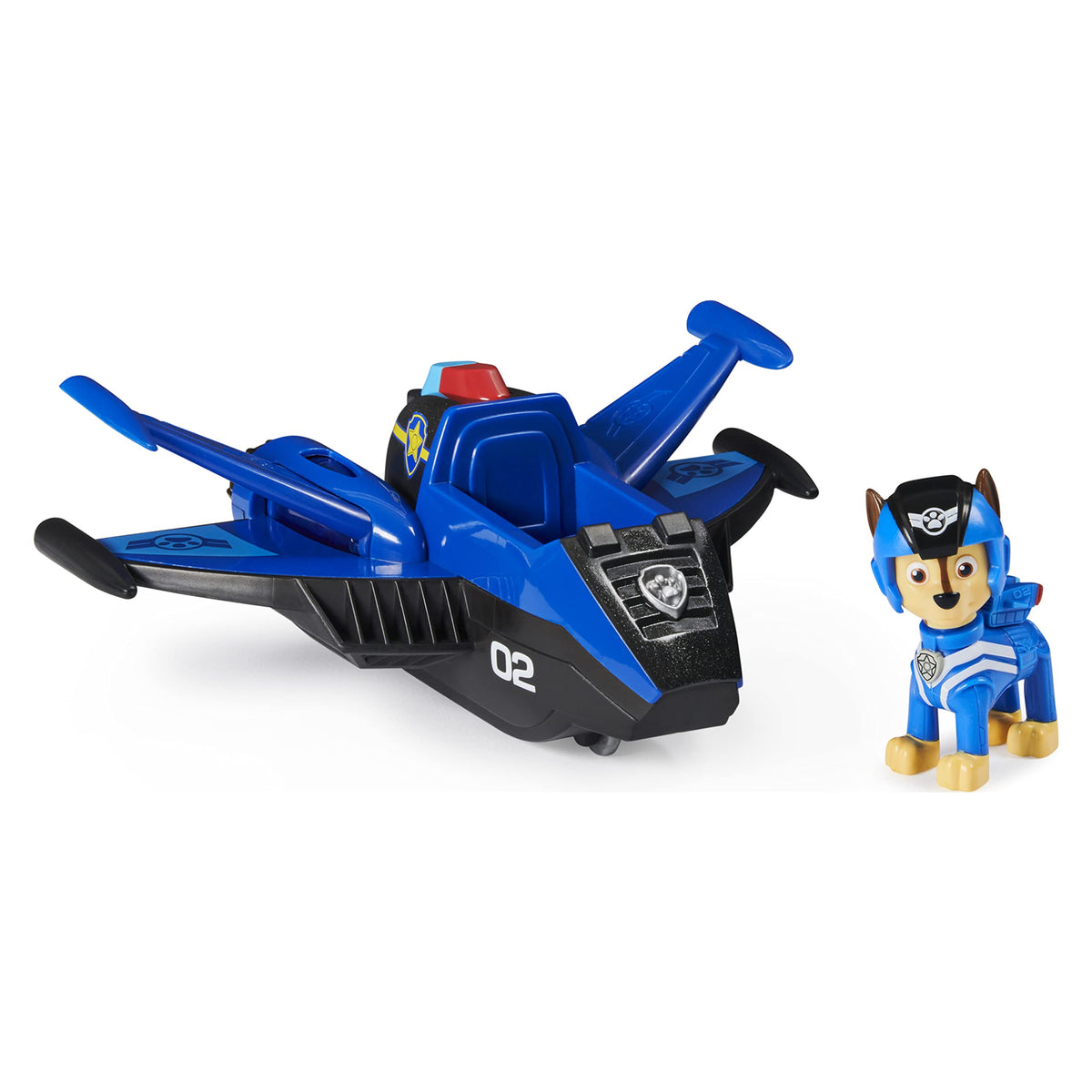 Paw Patrol Jet to the Rescue Chase deluxe vehicle transforming action with lights and sounds enhances imaginative play.