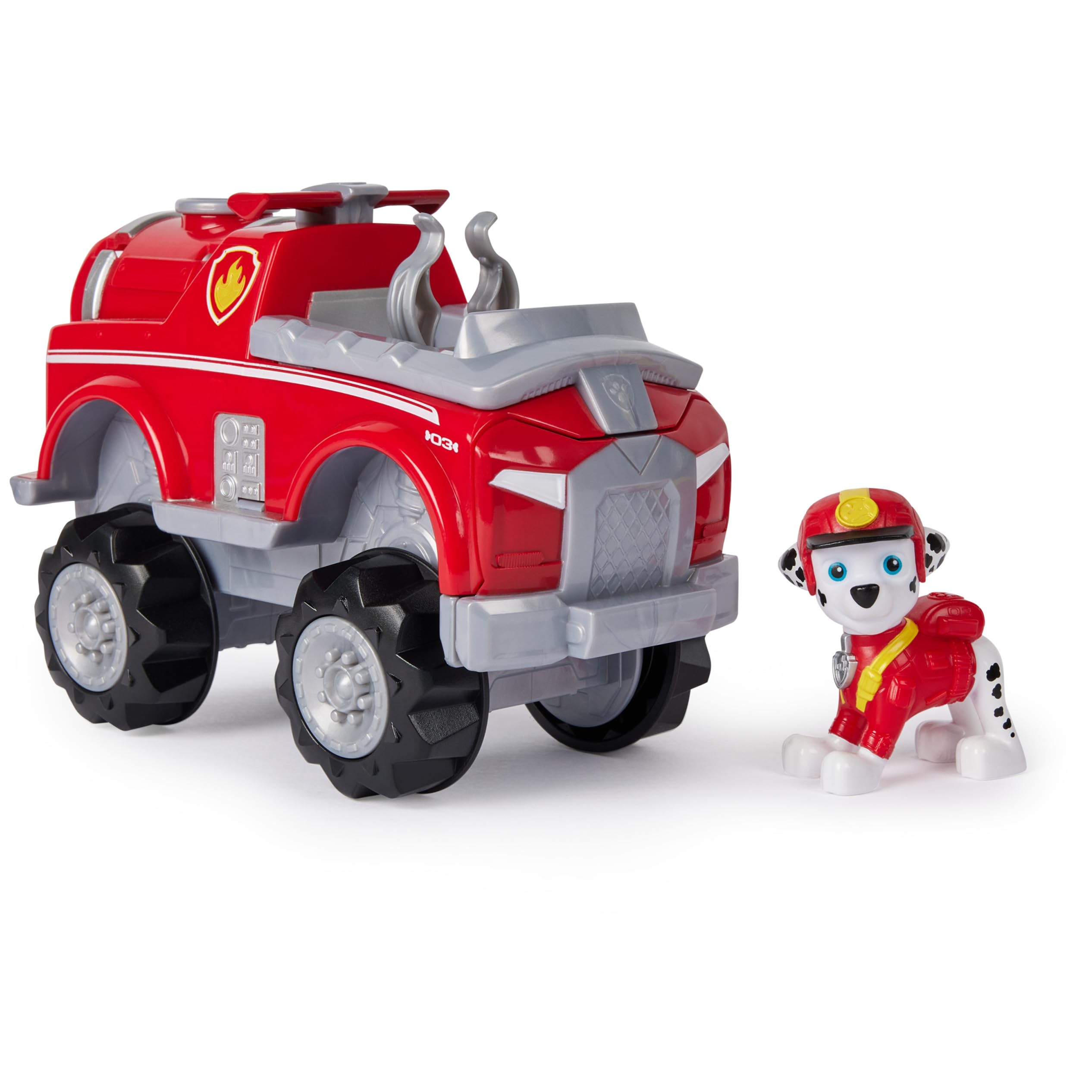 Paw Patrol Marshall Elephant Vehicle transforming action for obstacle clearing during rescue play.