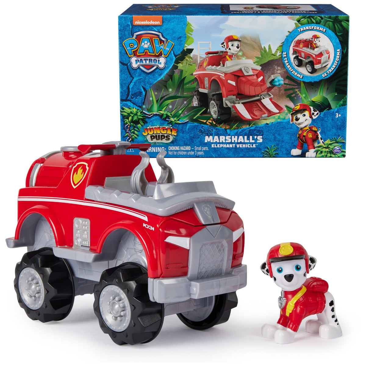 Paw Patrol Marshall Elephant Vehicle ready for jungle rescue play with bright colors.