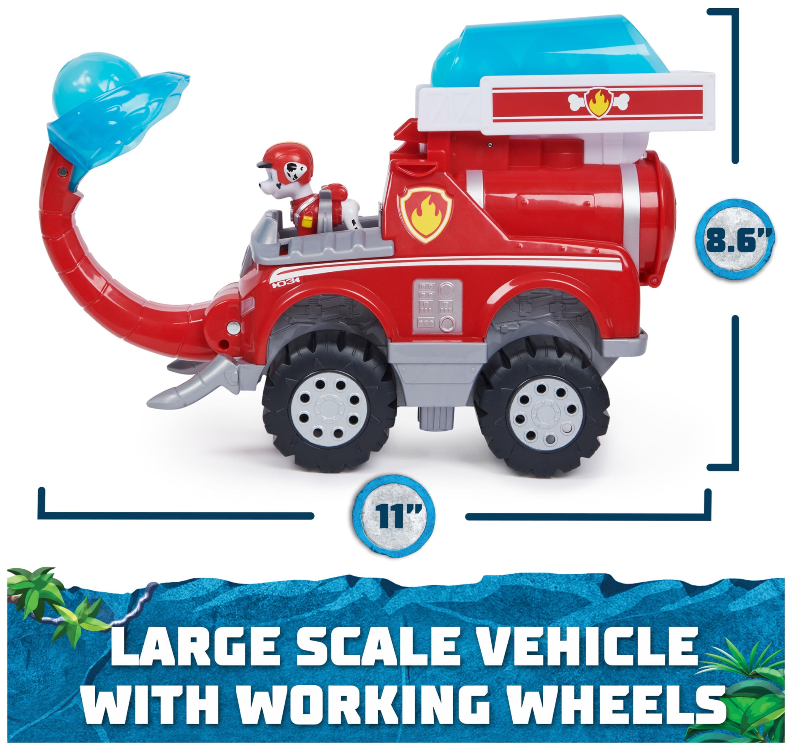 Oversized wheels provide sturdy jungle vehicle play