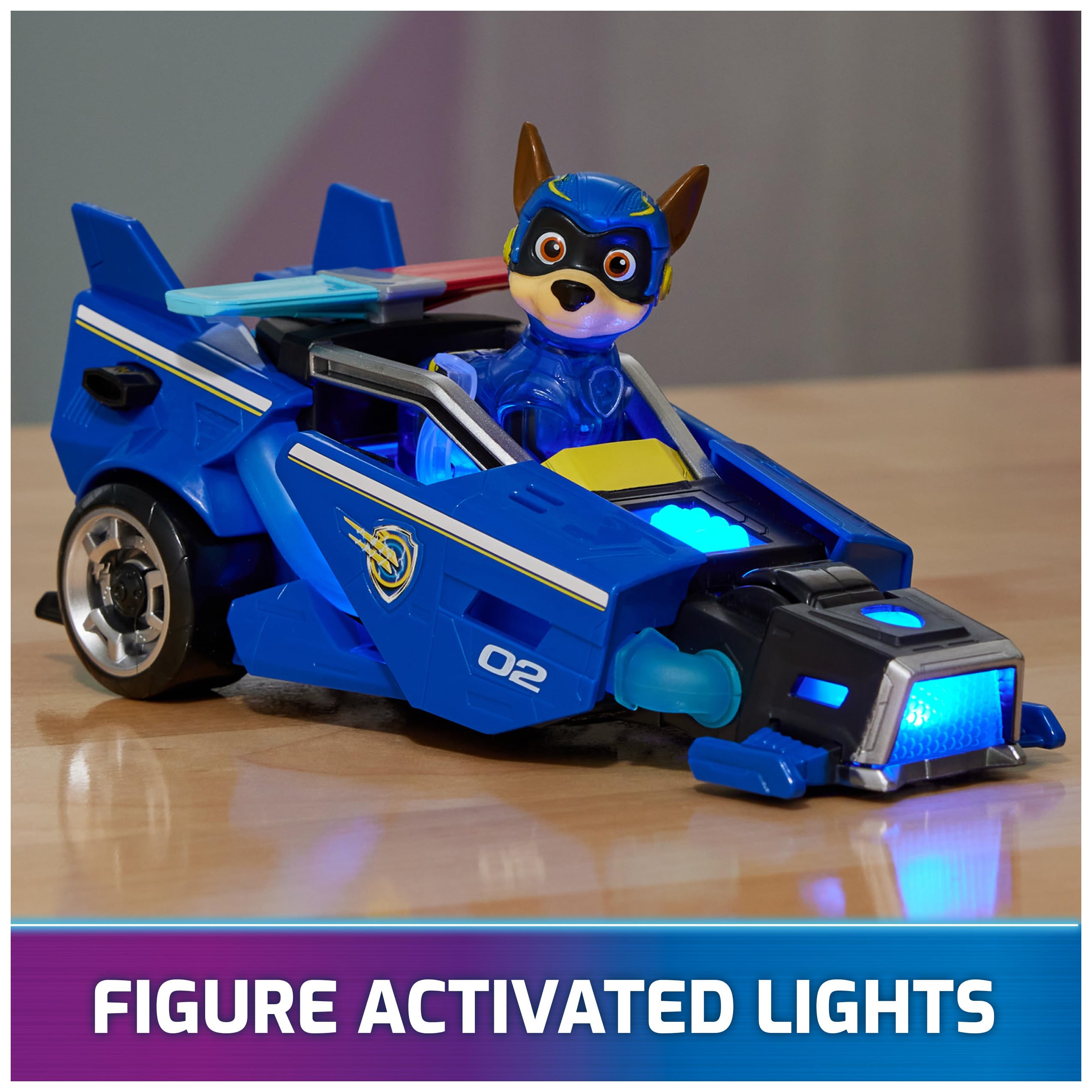 PAW Patrol Mighty Movie Chase figure lit-up showing translucent parts for realistic glow.