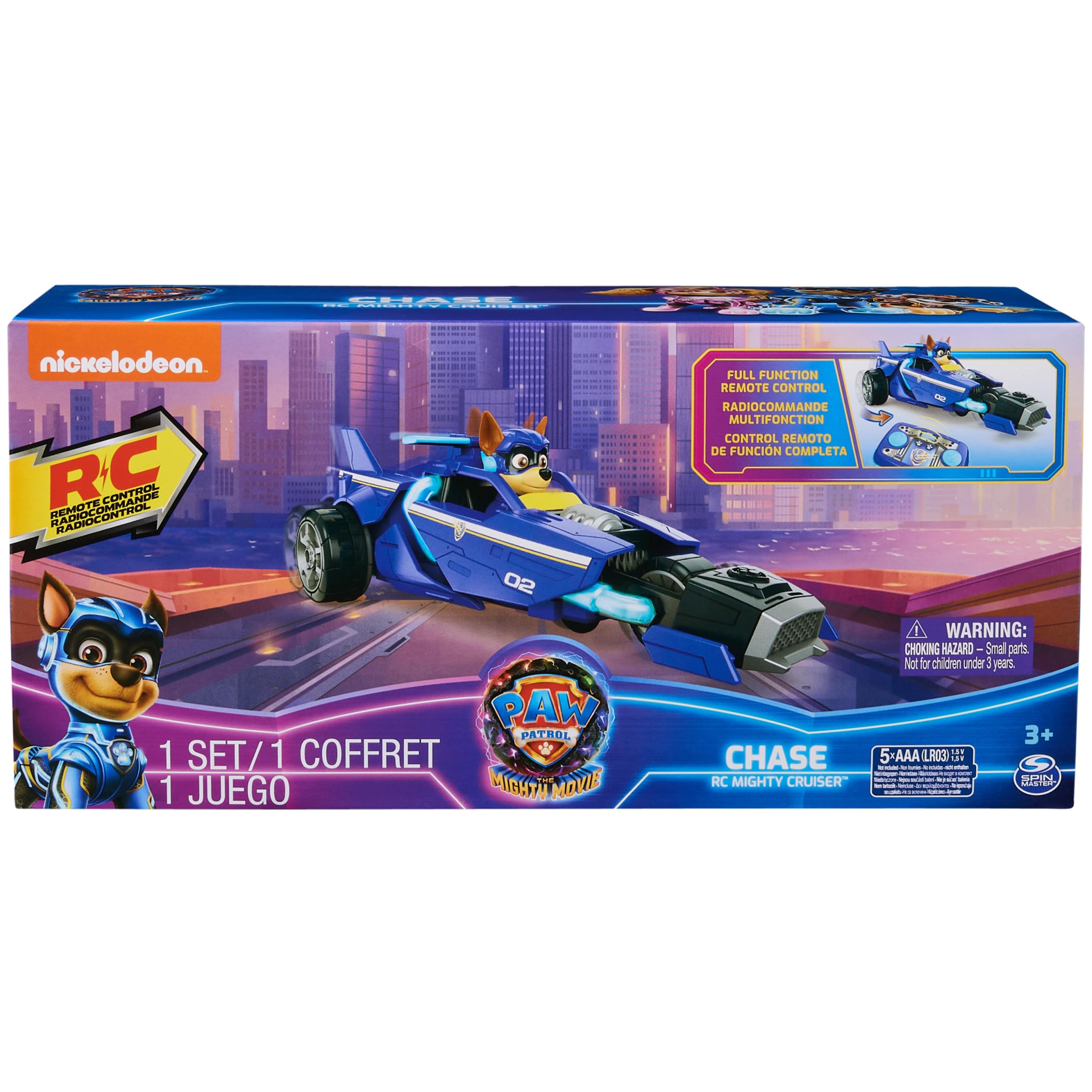 Packaging display of PAW Patrol Mighty Movie RC car and remote