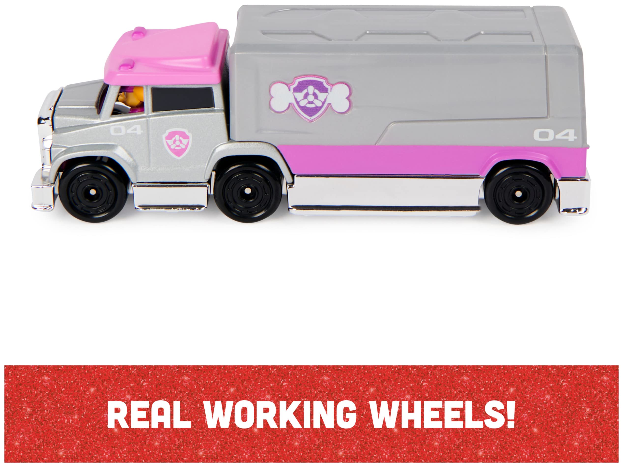 Pups molded inside PAW Patrol True Metal vehicles with ears back.