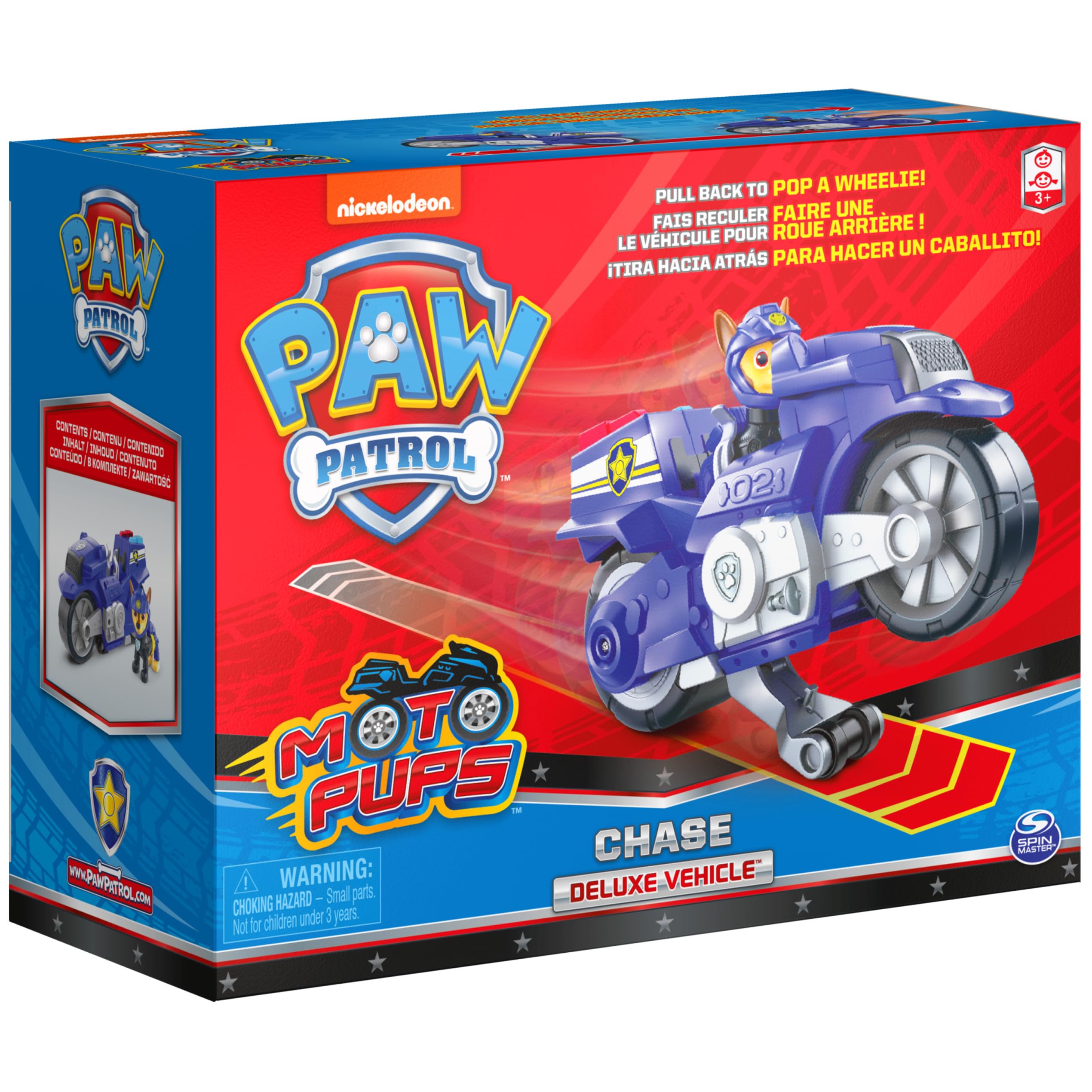 Includes: 1 Chase figure and 1 Moto Pups Deluxe Vehicle.