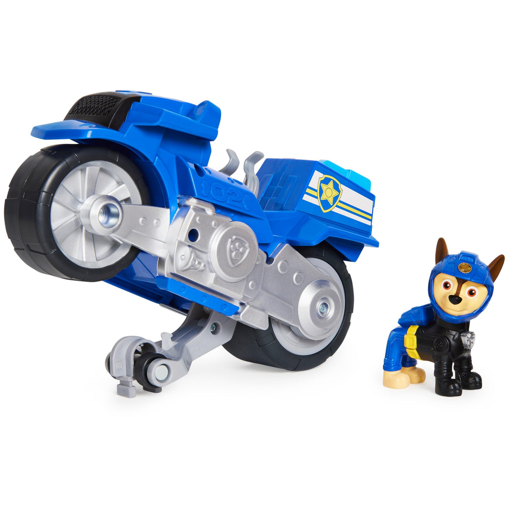 PAW Patrol Chase Moto Pups Deluxe Vehicle with pull-back wheelies for fast pretend rescues.