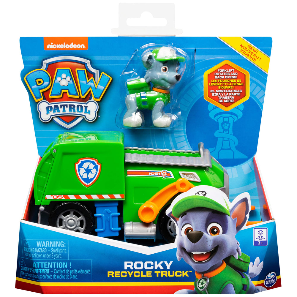 PAW Patrol Rocky figure seated in recycling vehicle side view for pretend missions