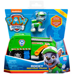 PAW Patrol Rocky figure seated in recycling vehicle side view for pretend missions