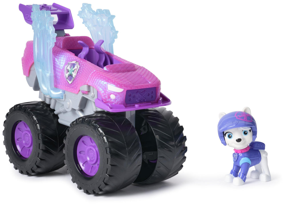 Paw Patrol Roxi Rescue Wheels monster truck front view ready for action play.