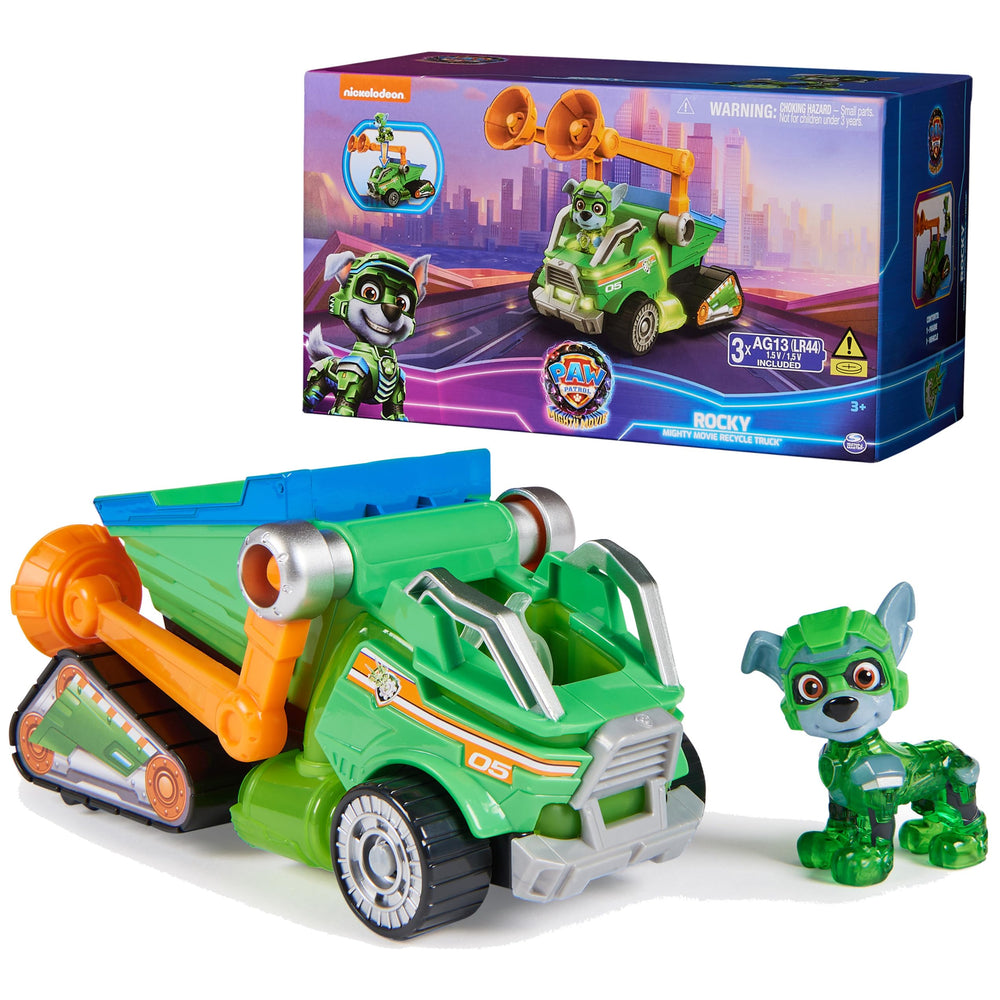 Paw Patrol Rocky Mighty Movie action figure ready for rescue adventures at home play