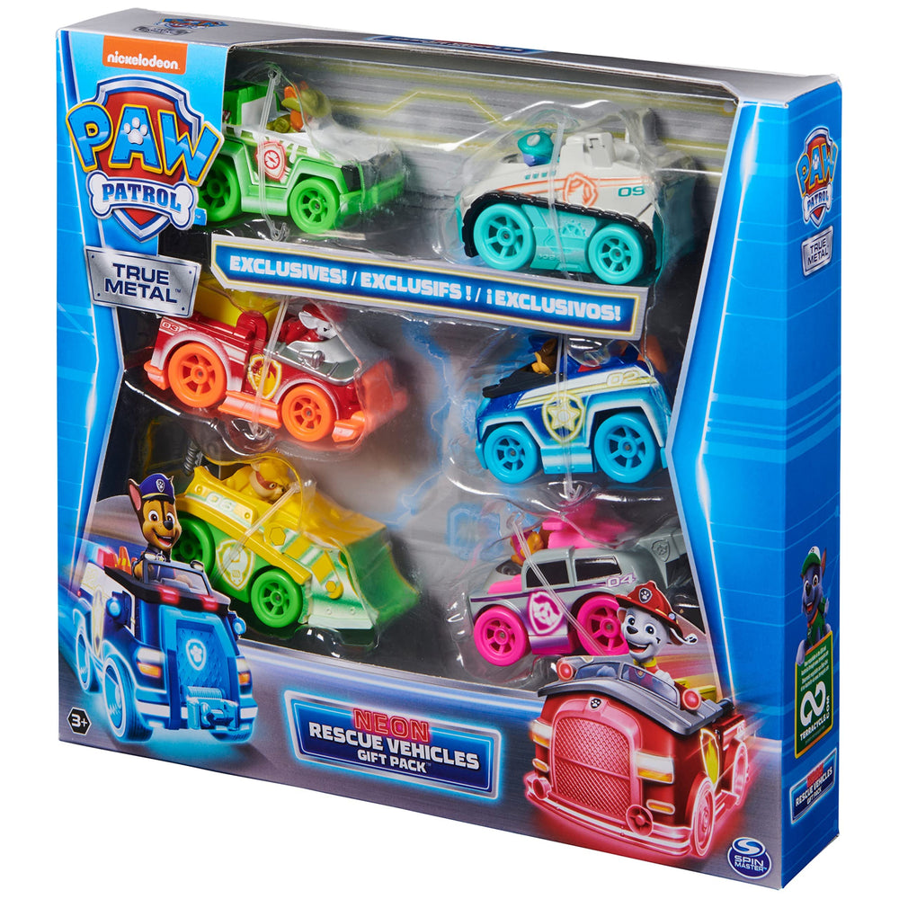 Paw Patrol neon rescue vehicles pack, premium gift for young fans.