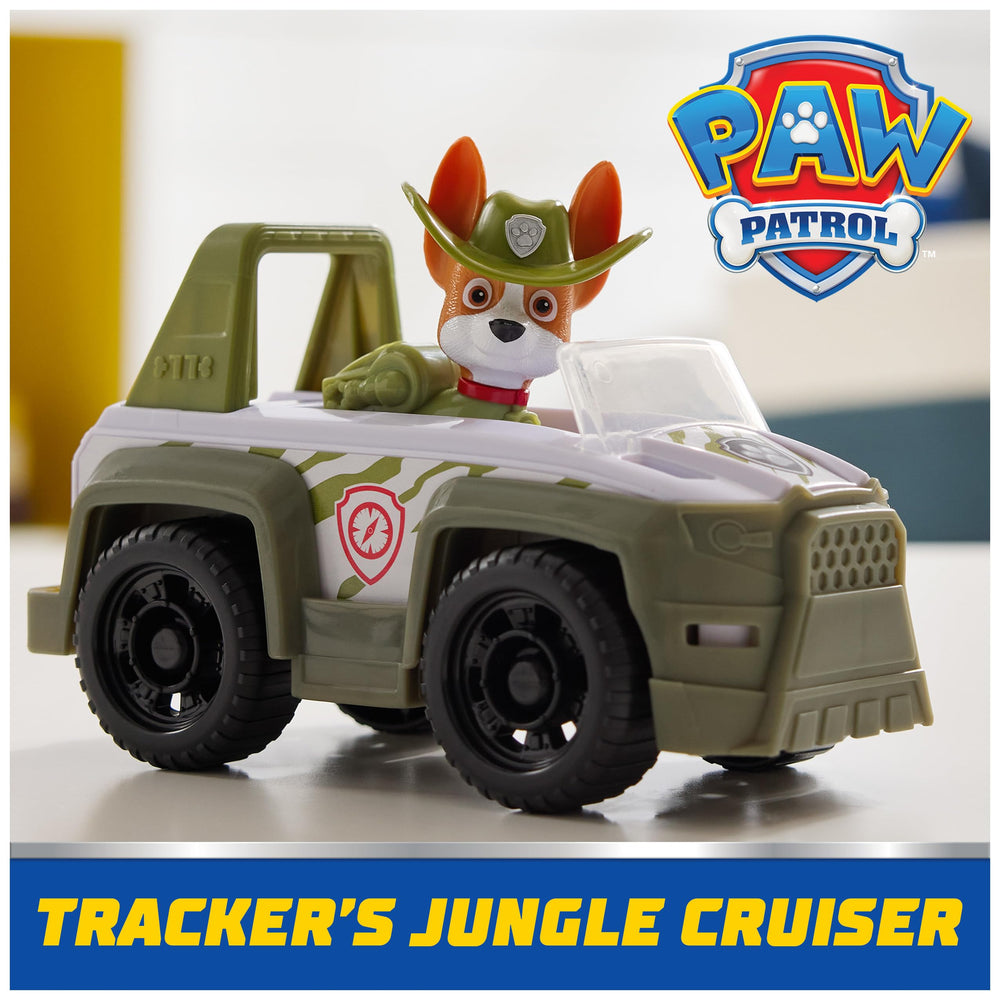Paw Patrol Tracker collectible figure clips into the jungle rescue vehicle.