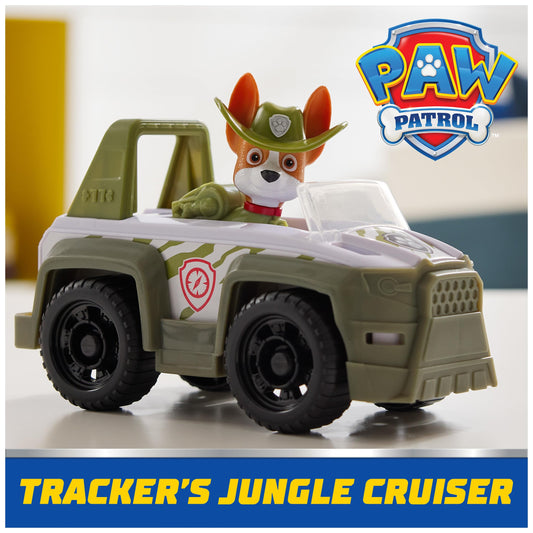 Paw Patrol Tracker collectible figure clips into the jungle rescue vehicle.