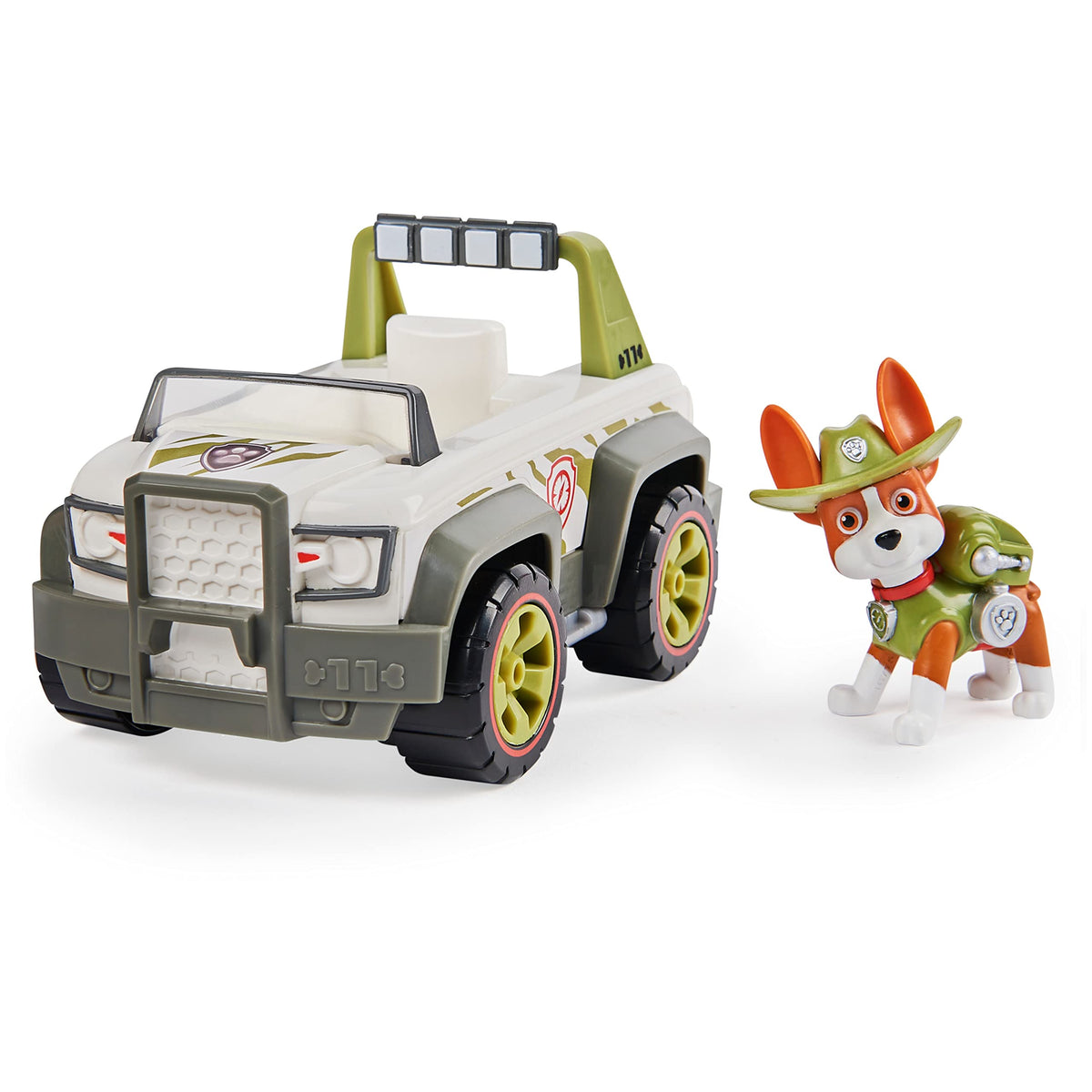 PAW Patrol Tracker Jungle Cruiser front view, off-road vehicle ready for rescue missions