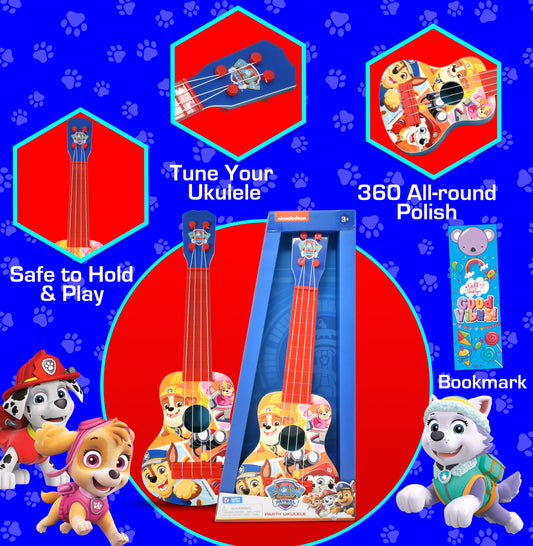 Paw Patrol ukulele being played by a child to learn rhythm.