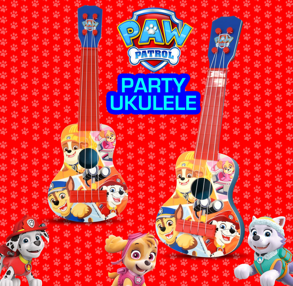 Paw Patrol ukulele packaging highlights safety and non-toxic materials.