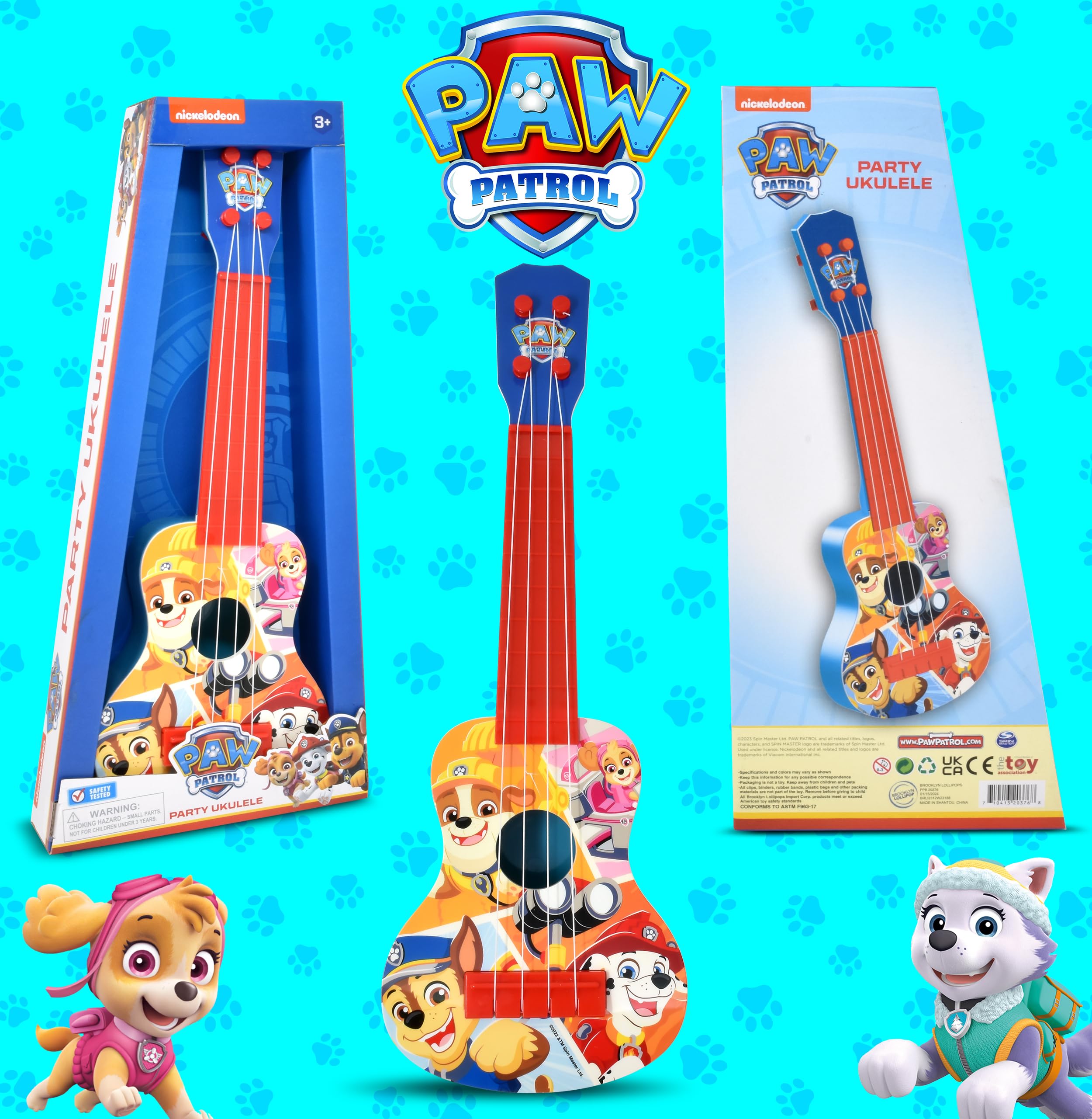 Paw Patrol ukulele close up of strings and wood finish for durability.